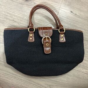Amanda Smith Purse Black Brown Crochet Straw  Handbag Nautical Classic Preppy